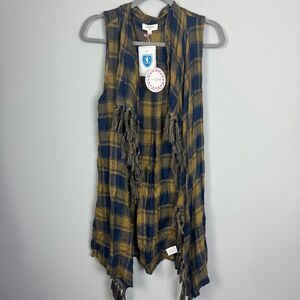 UMGEE | NEW Plaid Open Front Fringe Vest Blue & Yellow Women’s Size Large